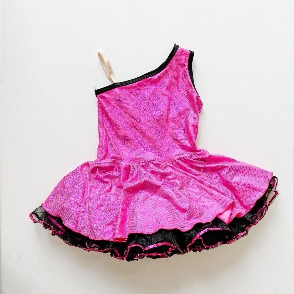 Dance/Figure Skating Dress One Shoulder- Pink Shimmer/Black - Size 6-7 years